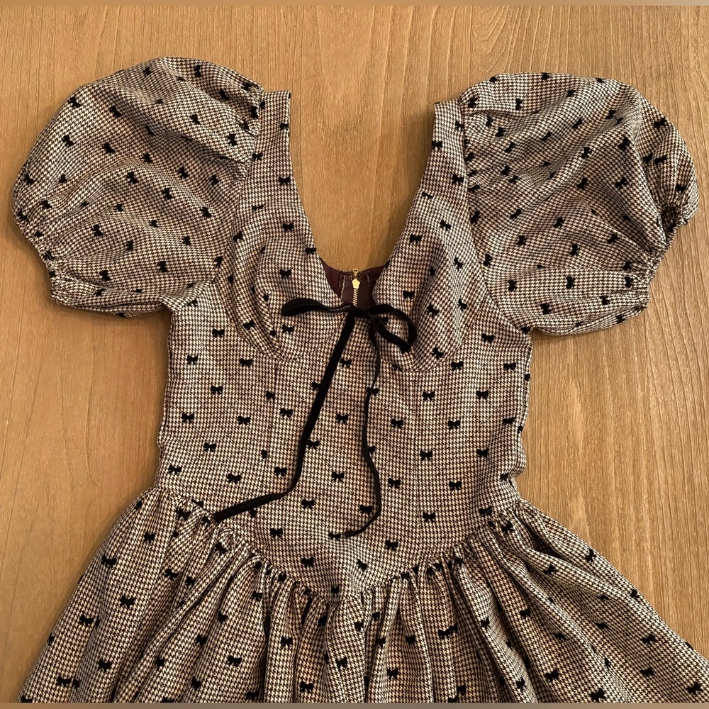Sofie the Label Bows of Enchantment Mini Dress Puff Sleeve Brown Small NWT - Picture 8 of 16